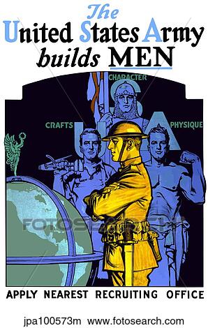 Stock Illustration - Vintage World War I poster of a soldier looking at a globe.. Fotosearch