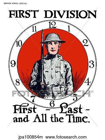 Vintage World War I poster of a soldier standing in the center of a clock. View Large Illustration Stock Illustration - Vintage World War I poster of a soldier standing in the center of a clock.. Fotosearch