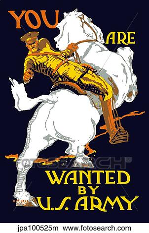 Stock Illustration - Vintage World War I poster of a U. S. Army officer on horseback.. Fotosearch