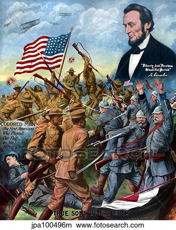 Stock Illustration - Vintage World War I poster of African American troops in battle during World War I.. Fotosearch