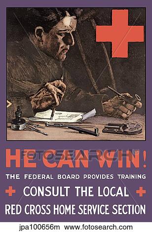 Stock Illustration - Vintage World War I poster of an injured soldier working at a desk and smoking a pipe.. Fotosearch