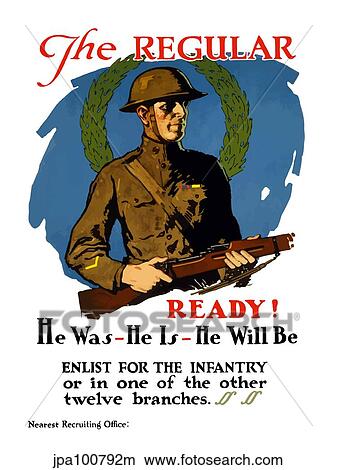 Stock Illustration - Vintage World War I poster of an American infantryman holding his rifle.. Fotosearch