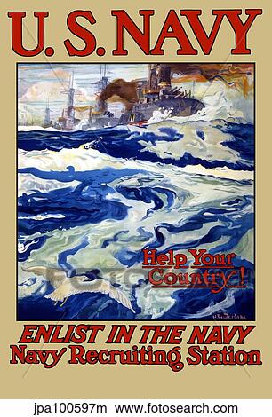 Stock Illustration - Vintage World War I poster of battleships at sea.. Fotosearch