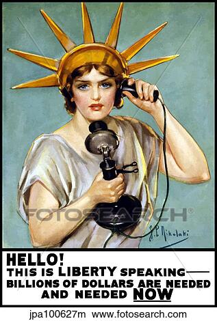 Vintage World War I poster of the Statue of Liberty talking on the telephone. View Large Illustration Stock Illustration - Vintage World War I poster of the Statue of Liberty talking on the telephone.. Fotosearch