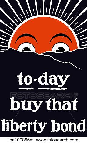 Stock Illustration - Vintage World War I poster of the sun with a face, rising over the horizon.. Fotosearch
