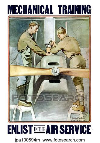 Vintage World War I poster of two airmen working on a plane. View Large Illustration Stock Illustration - Vintage World War I poster of two airmen working on a plane.. Fotosearch