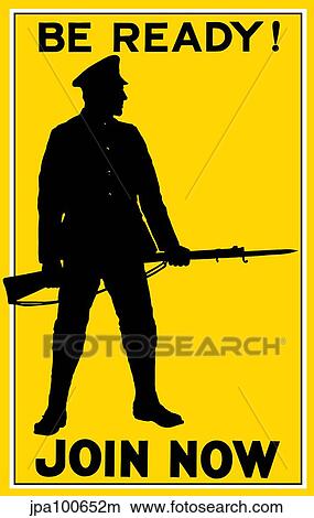 Stock Illustration - Vintage World War I poster showing the silhouette of a soldier holding his rifle.. Fotosearch