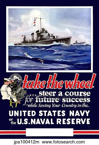 Stock Illustration - Vintage World War II Navy poster of U. S. warships on the sea.. Fotosearch