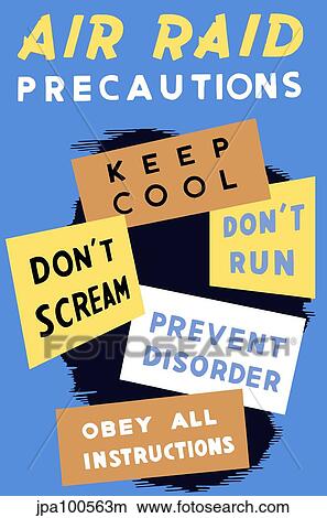 Stock Illustration - Vintage World War II poster featuring a blue background and five different signs.. Fotosearch