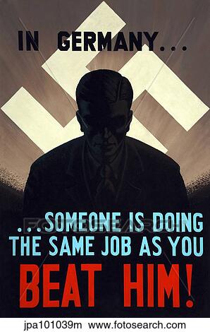Stock Illustration - Vintage World War II poster featuring a man standing in a shadow with swastika in back.. Fotosearch
