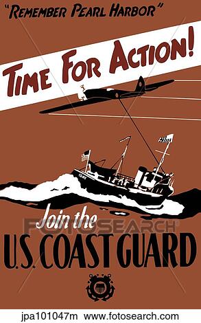 Stock Illustration - Vintage World War II poster featuring a fighter plane and a ship patrolling the sea.. Fotosearch