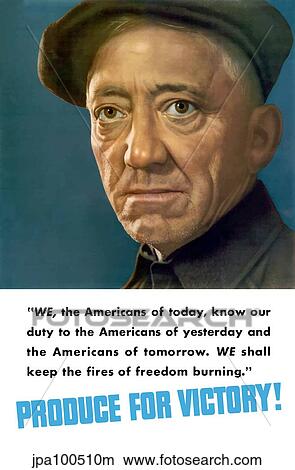 Stock Illustration - Vintage World War II poster featuring the face of an American worker.. Fotosearch