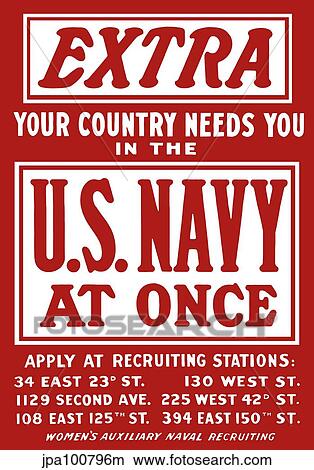 Vintage World War II poster is a plea for Navy recruits. View Large Illustration Stock Illustration - Vintage World War II poster is a plea for Navy recruits.. Fotosearch