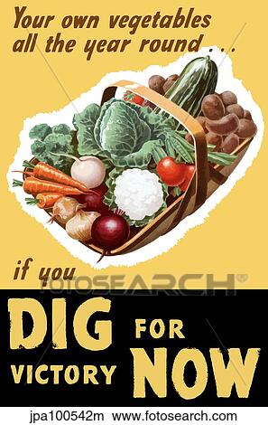 Stock Illustration - Vintage World War II poster of a basket filled with fresh vegetables.. Fotosearch