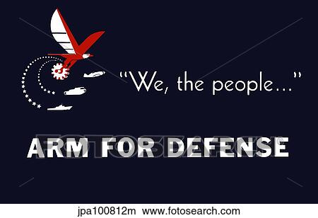 Stock Illustration - Vintage World War II poster of a flying eagle, a plane, a tank, and a ship.. Fotosearch