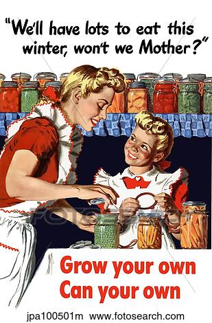 Stock Illustration - Vintage World War II poster of a mother and daughter canning vegetables.. Fotosearch