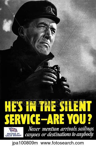 Vintage World War II poster of a naval officer holding binoculars while on the lookout. View Large Illustration Stock Illustration - Vintage World War II poster of a naval officer holding binoculars while on the lookout.. Fotosearch