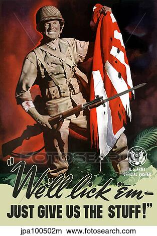 Stock Illustration - Vintage World War II poster of a soldier on the battlefield.. Fotosearch
