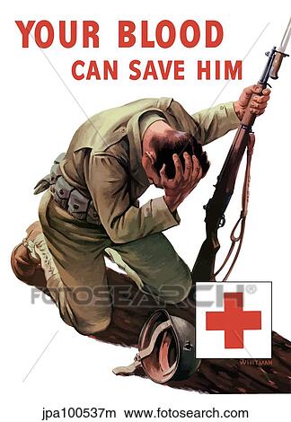 Stock Illustration - Vintage World War II poster of a soldier kneeling and holding his head.. Fotosearch