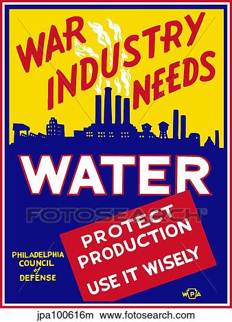 Stock Illustration - Vintage World War II poster of a factory with smoke coming from it's stacks.. Fotosearch
