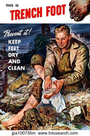 Stock Illustration - Vintage World War II poster of a soldier on the battlefield changing his socks.. Fotosearch