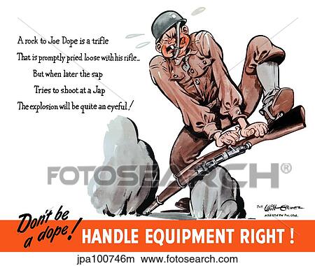 Stock Illustration - Vintage World War II poster of a cartoon soldier mishandling his rifle.. Fotosearch