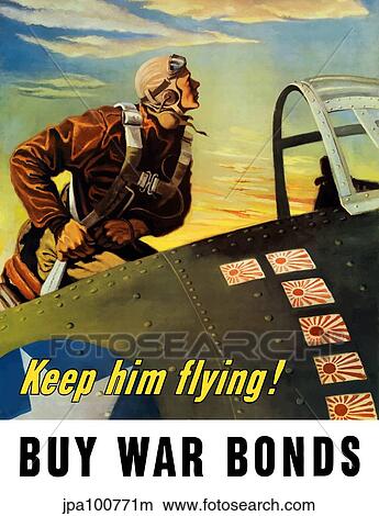 Stock Illustration - Vintage World War II poster of a fighter pilot climbing into his airplane.. Fotosearch