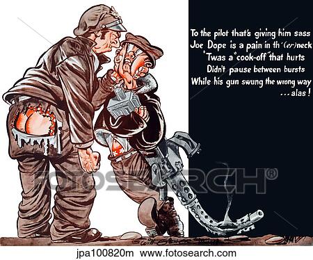 Vintage World War II poster of a cartoon pilot choking a gunner holding a machine gun. View Large Illustration Stock Illustration - Vintage World War II poster of a cartoon pilot choking a gunner holding a machine gun.. Fotosearch