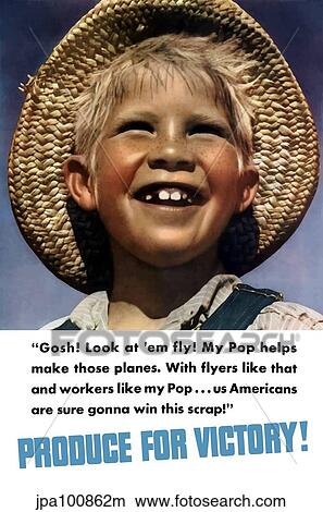 Stock Illustration - Vintage World War II poster of a smiling little boy in a straw hat.. Fotosearch