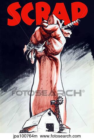 Stock Illustration - Vintage World War II poster of an arm emerging from a farm holding scrap metal.. Fotosearch