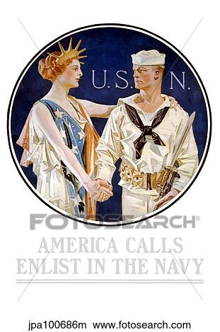 Vintage World War II poster of Liberty shaking hands with a sailor. View Large Illustration Stock Illustration - Vintage World War II poster of Liberty shaking hands with a sailor.. Fotosearch