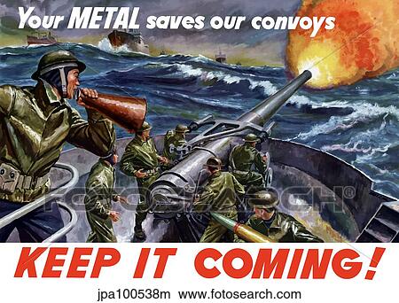 Stock Illustration - Vintage World War II poster of ships at sea firing artillery rounds.. Fotosearch