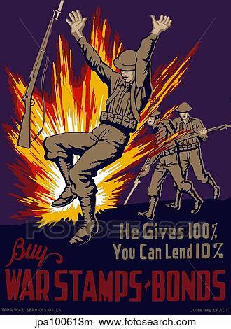 Stock Illustration - Vintage World War II poster of three soldiers in combat.. Fotosearch