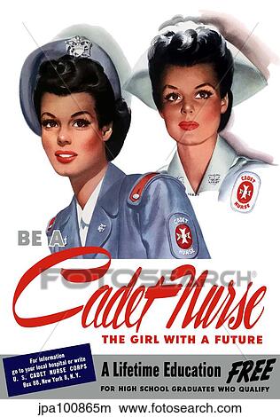 Stock Illustration - Vintage World War II poster of two smiling young nurses.. Fotosearch