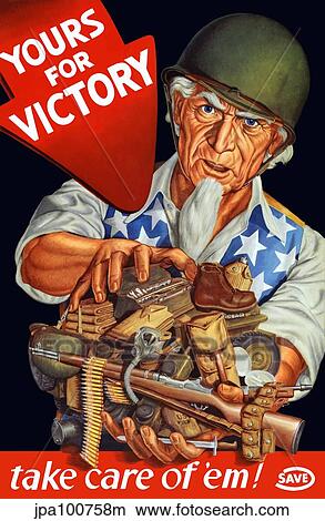 Stock Illustration - Vintage World War II poster of Uncle Sam wearing a helmet and holding supplies.. Fotosearch