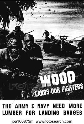 Vintage World War II poster showing combat troops assault on a beach. View Large Illustration Stock Illustration - Vintage World War II poster showing combat troops assault on a beach.. Fotosearch
