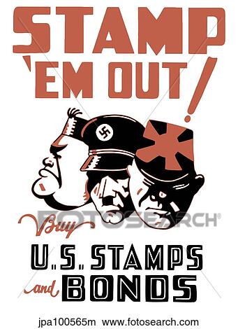 Stock Illustration - Vintage World War II poster showing the cartoon faces of Axis leaders.. Fotosearch