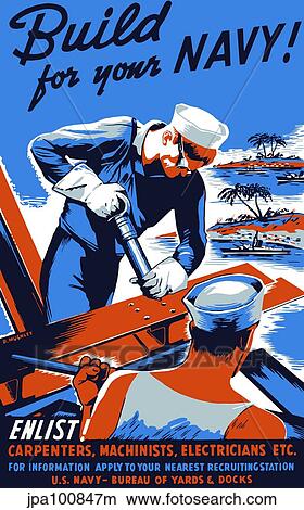 Stock Illustration - Vintage World War II poster showing two sailors building a ship.. Fotosearch