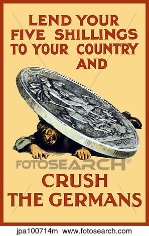 Stock Illustration - Vintage World War One poster of a giant coin crushing a German soldier.. Fotosearch