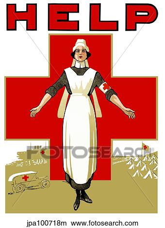 Stock Illustration - Vintage World War One poster of a Red Cross nurse holding out her arms.. Fotosearch