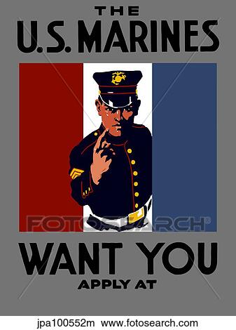 Stock Illustration - Vintage World War One poster of a Marine wearing his dress blues.. Fotosearch