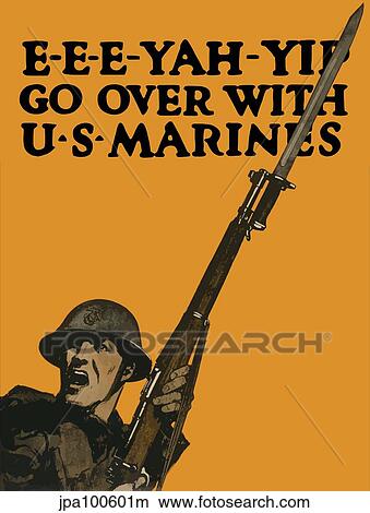 Stock Illustration - Vintage World War One poster of a soldier charging into battle with his rifle.. Fotosearch