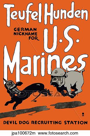 Vintage World War One poster of a Marine Corps bulldog chasing a German dachshund. View Large Illustration Stock Illustration - Vintage World War One poster of a Marine Corps bulldog chasing a German dachshund.. Fotosearch