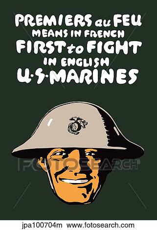 Vintage World War One poster of a smiling Marine. View Large Illustration Stock Illustration - Vintage World War One poster of a smiling Marine.. Fotosearch