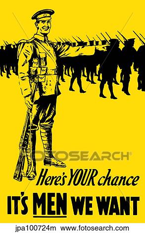 Vintage World War One poster of a soldier pointing towards marching troops. View Large Illustration Stock Illustration - Vintage World War One poster of a soldier pointing towards marching troops.. Fotosearch