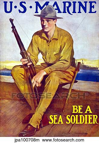 Stock Illustration - Vintage World War One poster of a U. S. Marine sitting near the harbor.. Fotosearch