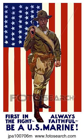 Stock Illustration - Vintage World War One poster of a US Marine holding his sidearm. Fotosearch