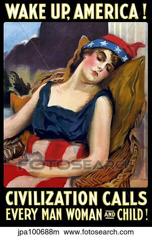 Stock Illustration - Vintage World War One poster of Lady Liberty sleeping in a chair.. Fotosearch