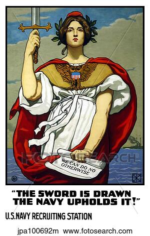Vintage World War One poster of Lady Liberty holding a sword and a scroll. View Large Illustration Stock Illustration - Vintage World War One poster of Lady Liberty holding a sword and a scroll.. Fotosearch