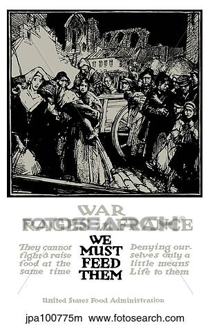 Vintage World War One poster of refugees from war torn France. View Large Illustration Stock Illustration - Vintage World War One poster of refugees from war torn France.. Fotosearch